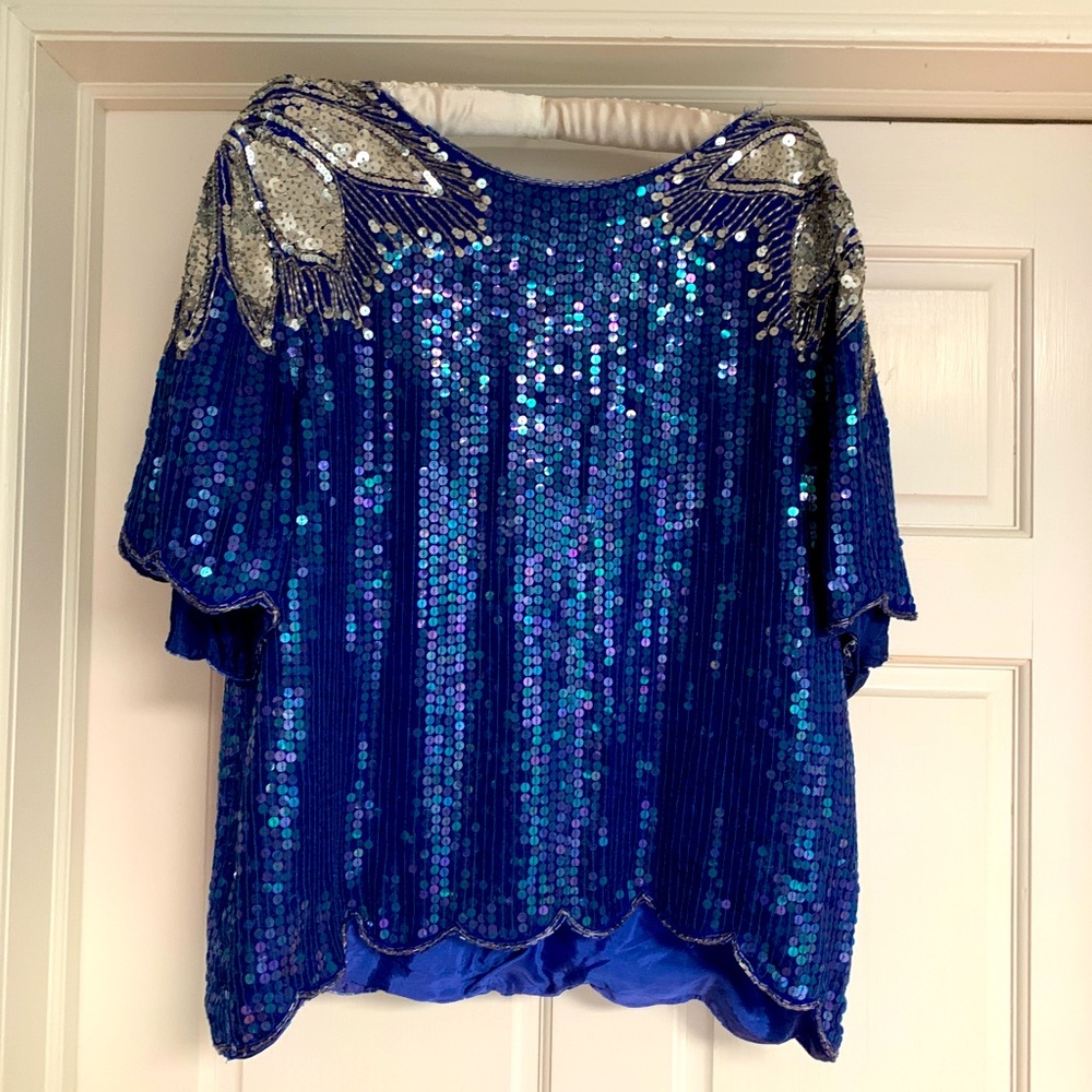 Blue Silk and Sequin Top with Silver Wing Epaulets